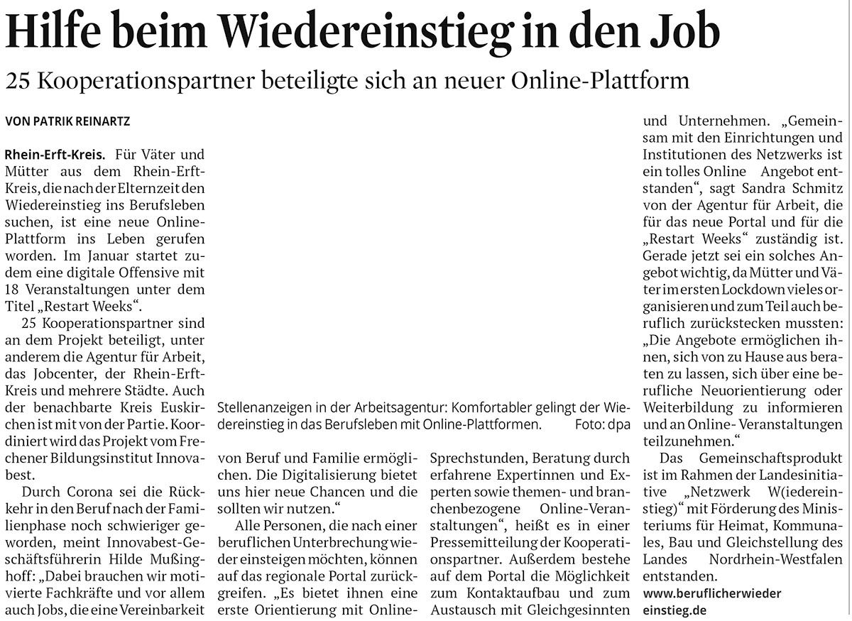 Artikel im Kölner Stadt-Anzeiger vom 28.12.2021 - Wiedereinstieg in den Beruf, Rhein-Erft-Kreis